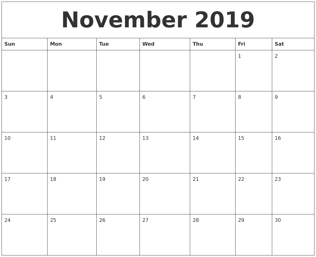 November 2019 Calendar Printable