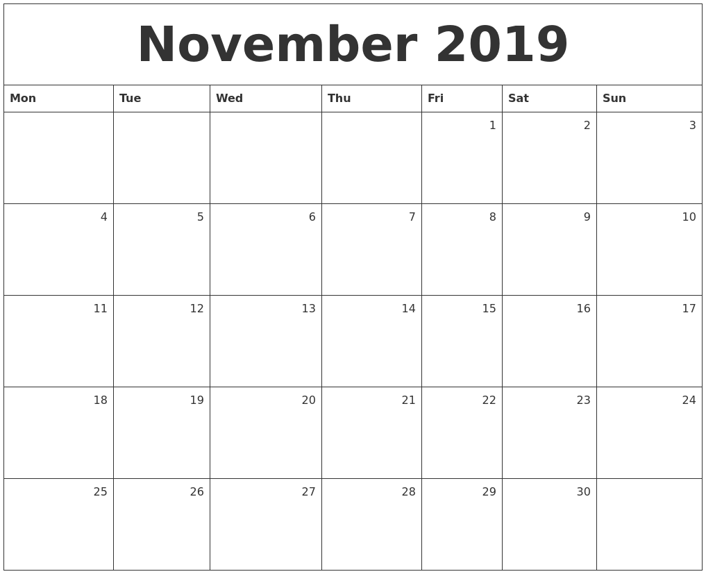 Monthly Calendar Monday Start : November monthly calendar Monthly Calendar Monday Start : November monthly calendar