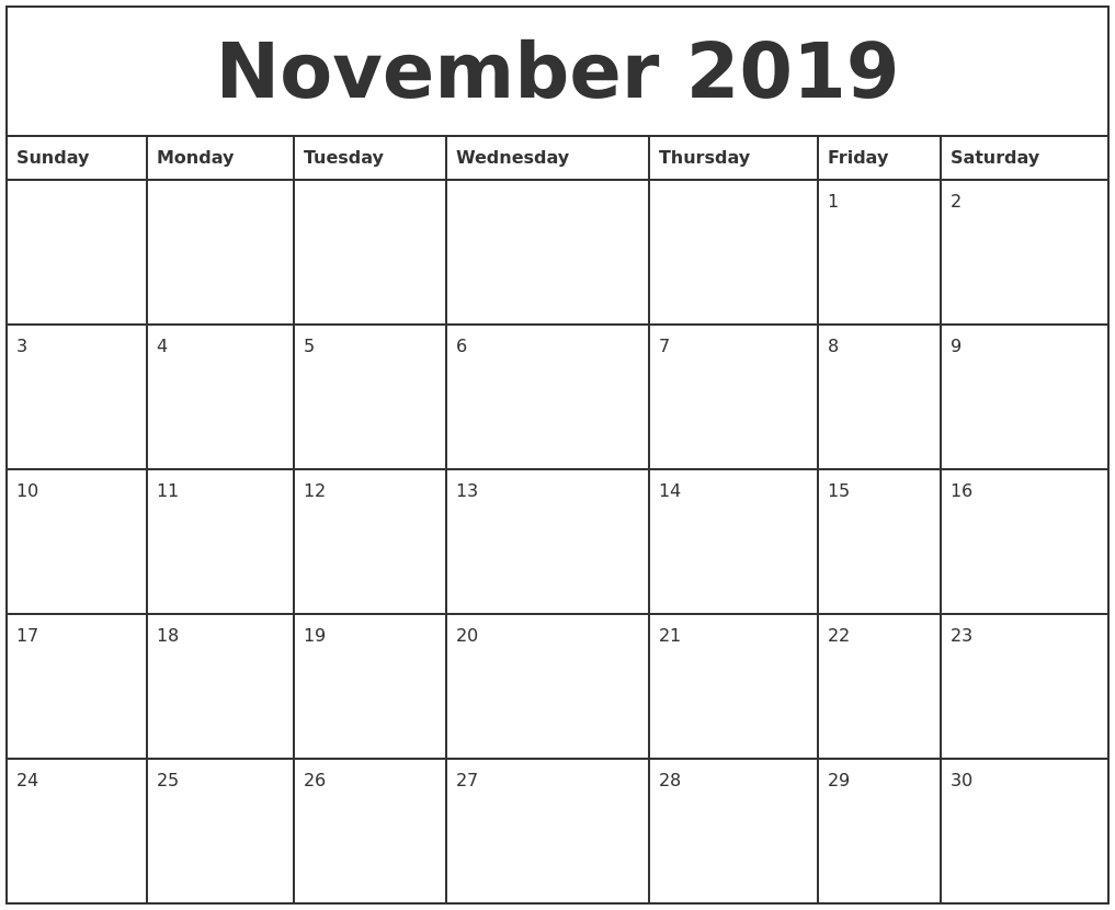 November 2019 Printable Monthly Calendar November 2019 Printable Monthly Calendar