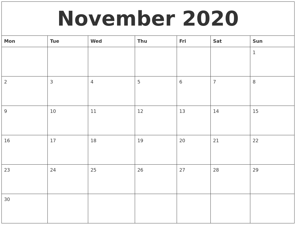 November 2020 Blank Calendar Printable