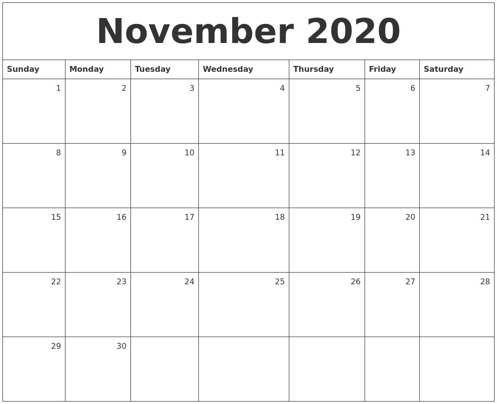 november 2020 monthly calendar 2020 november calendar pdf