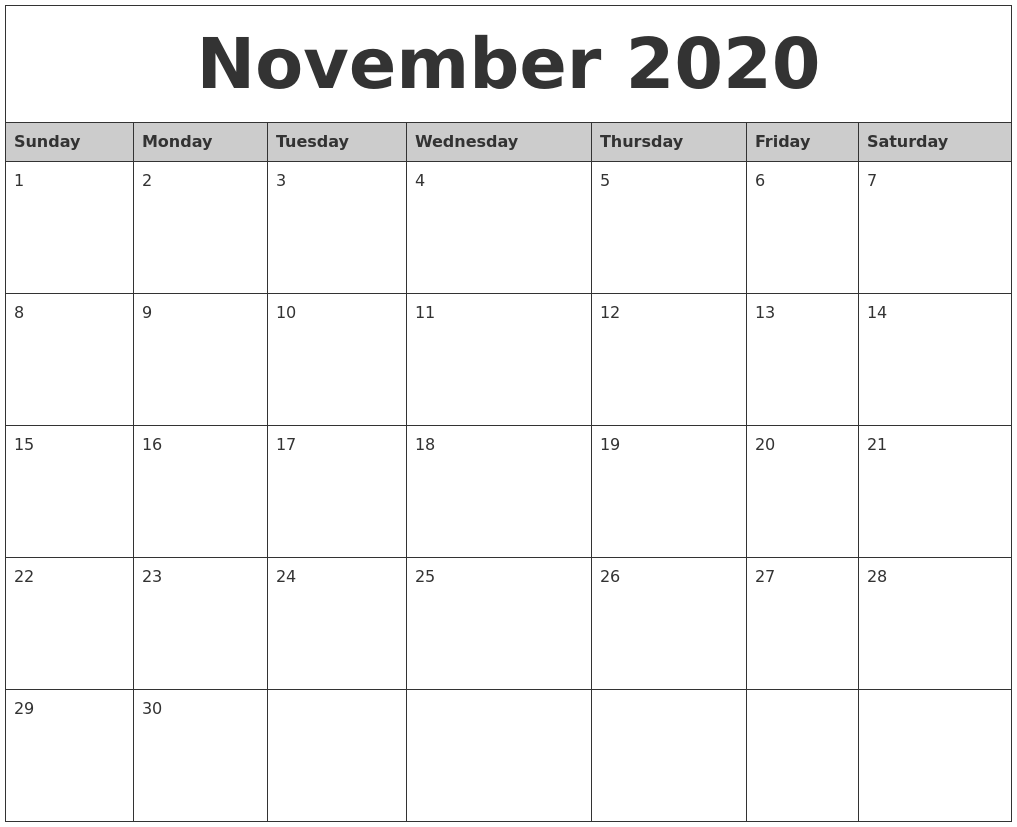 november 2020 monthly calendar printable 2020 november calendar pdf