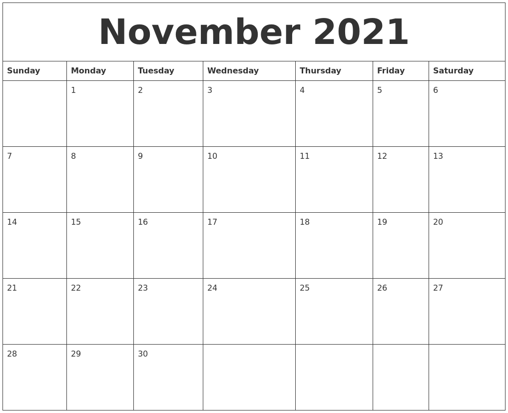 November 2021 Free Printable Weekly Calendar