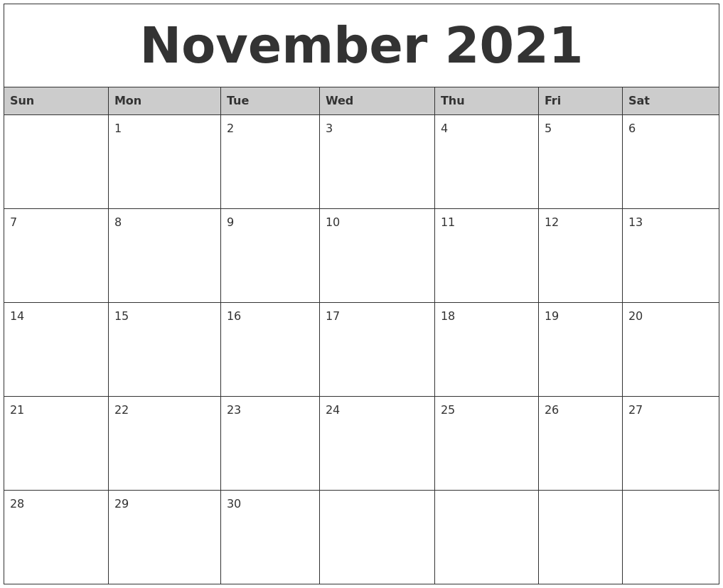 November 2021 Monthly Calendar Printable