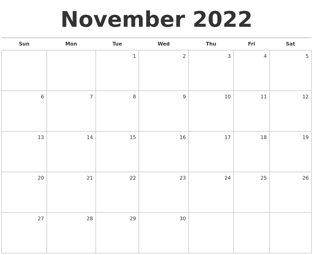 November 2022 Blank Monthly Calendar