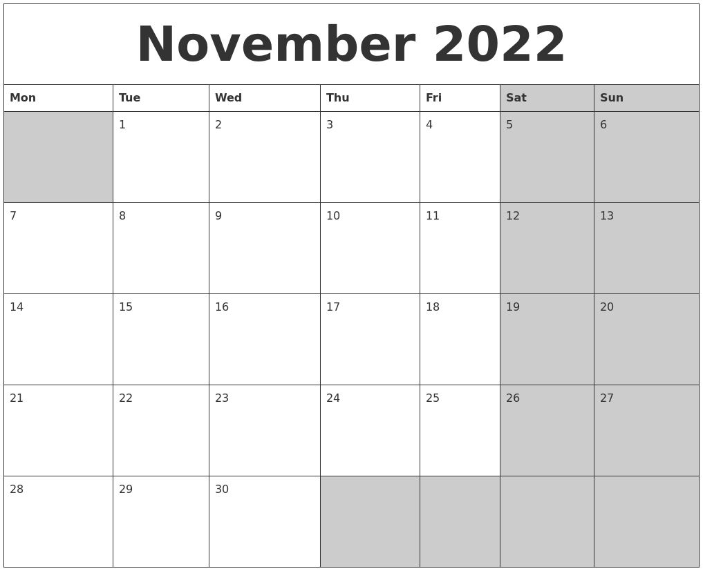 November 2022 Calanders