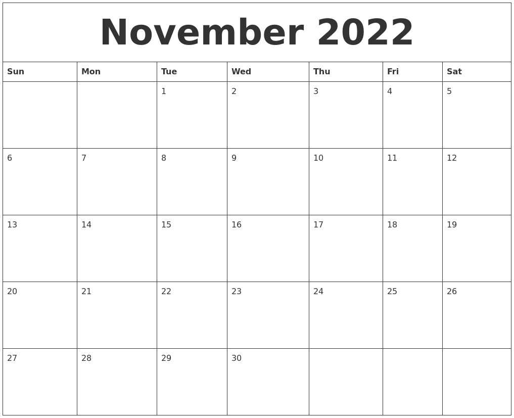 November Calendar Editable 2018 UK Excel Download