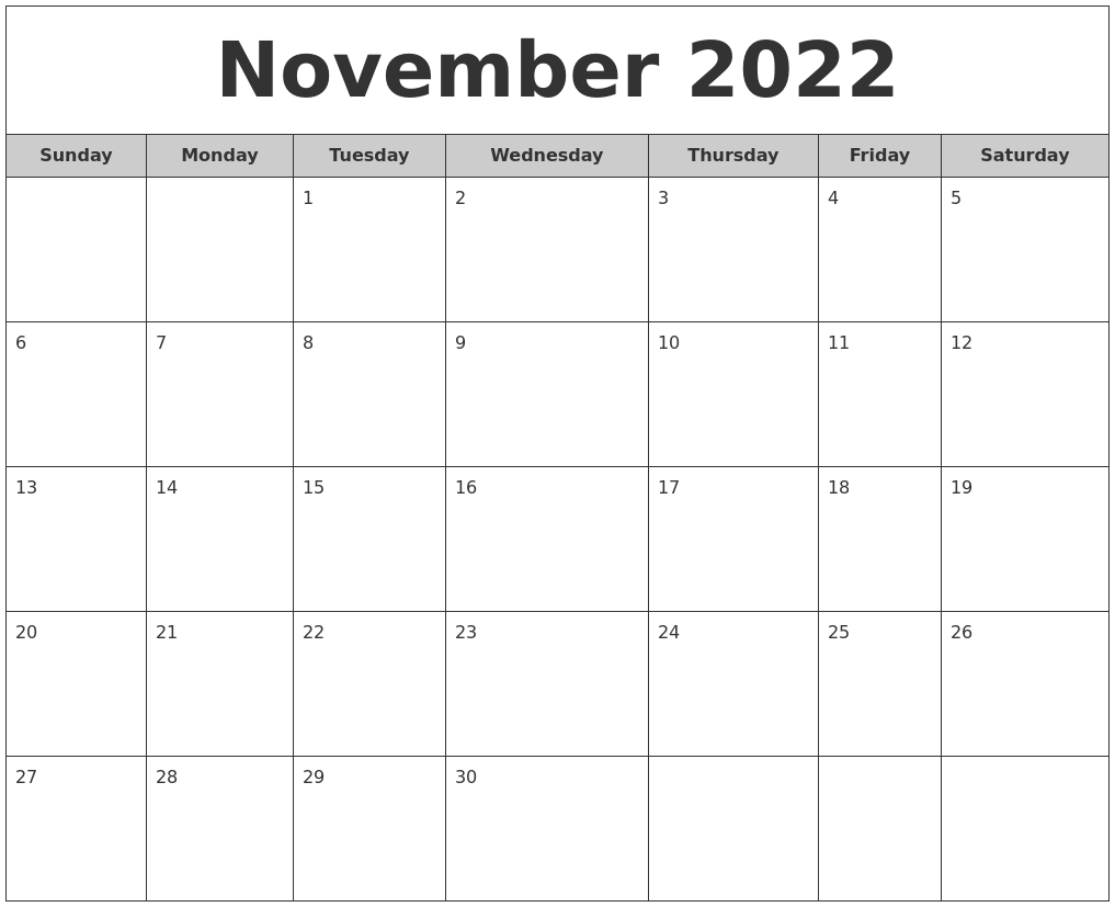 November 2022 Free Monthly Calendar