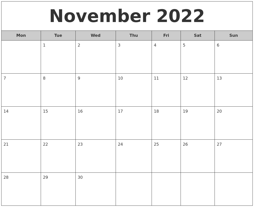 November 2022 Free Monthly Calendar