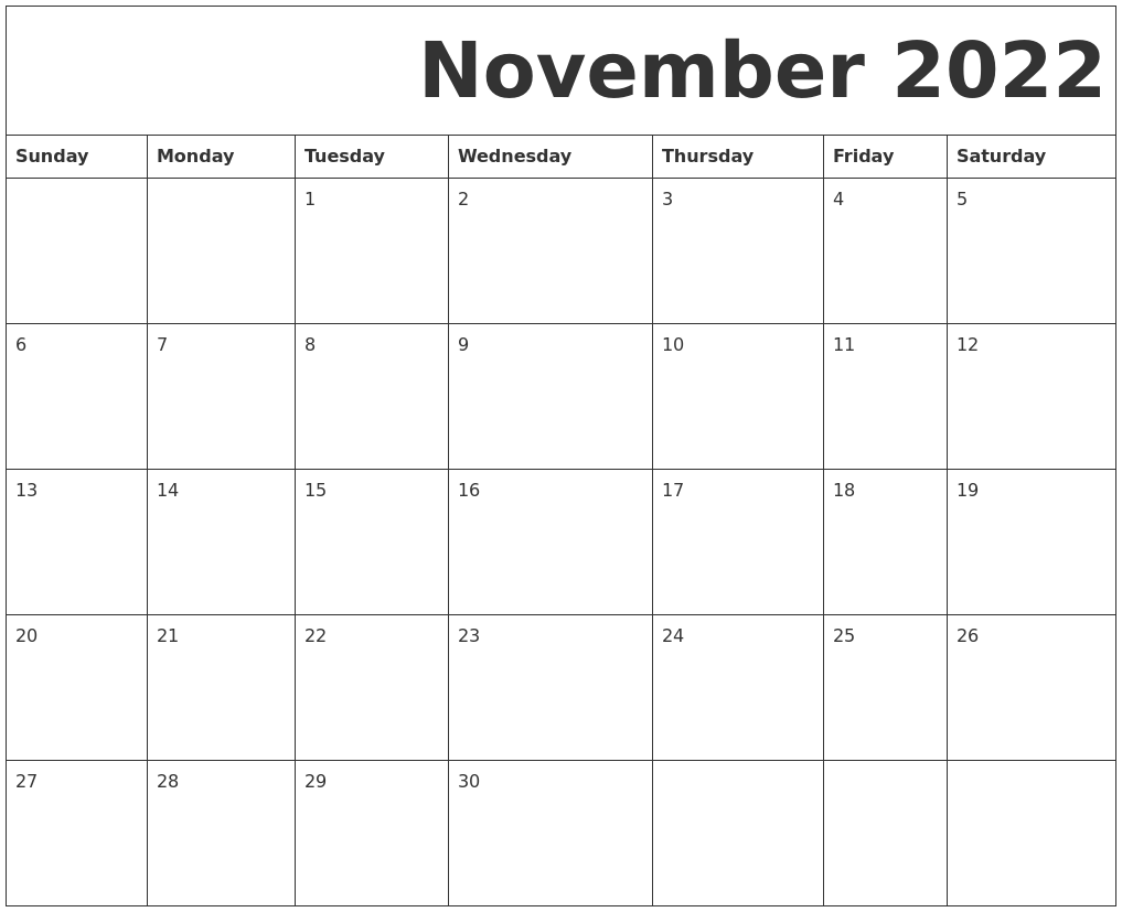 November 2022 Free Printable Calendar