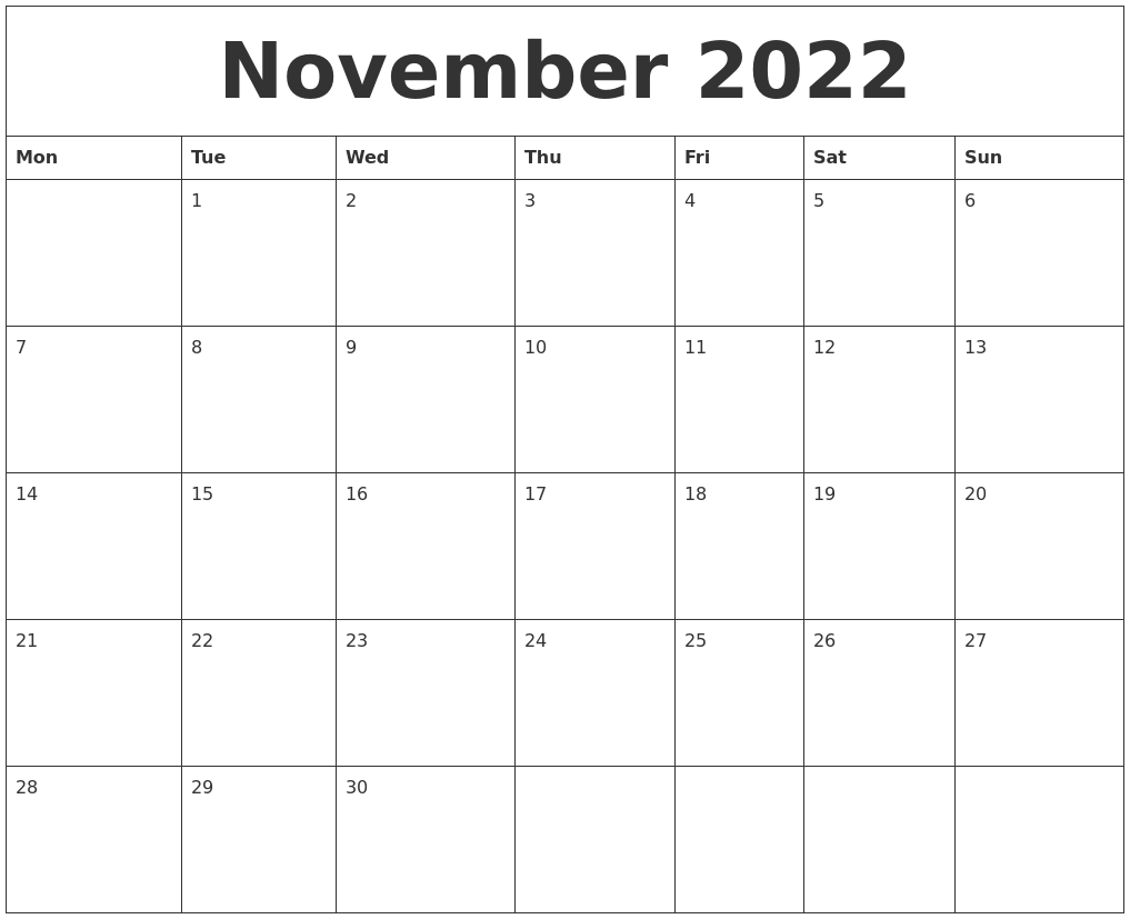 November 2022 Free Printable Monthly Calendar