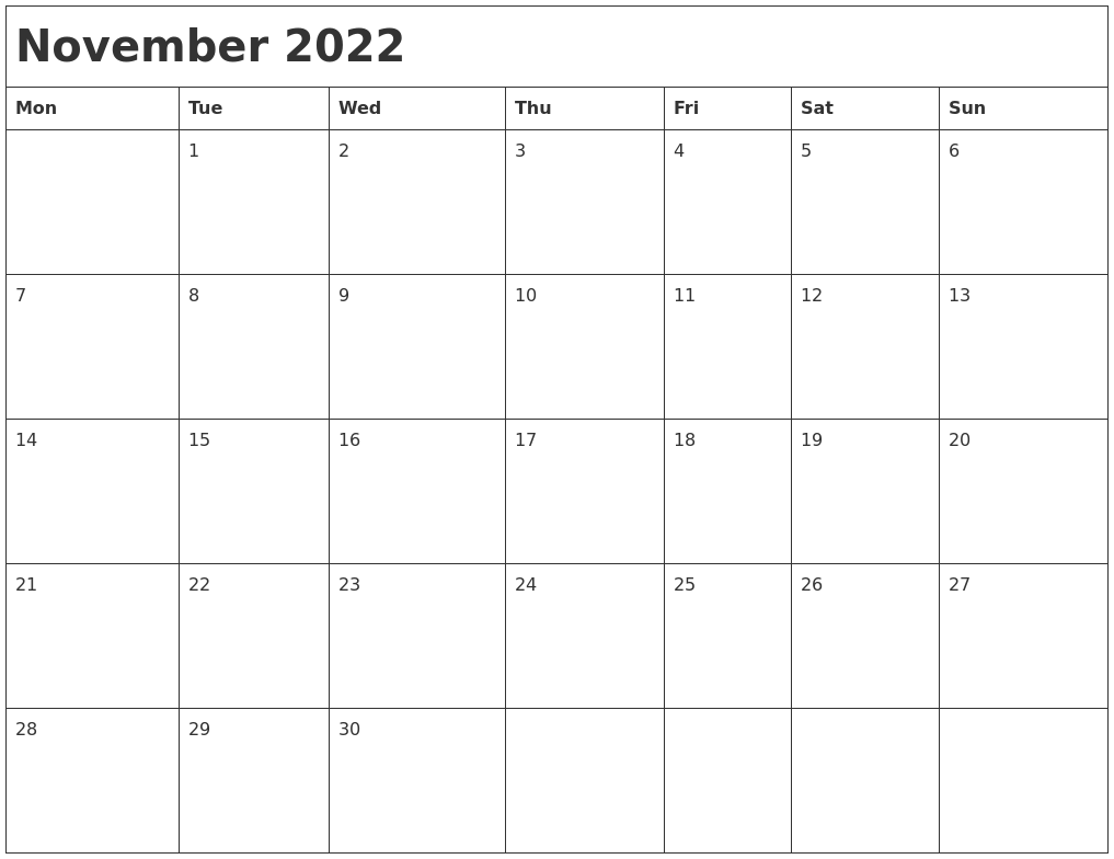 November 2022 Month Calendar