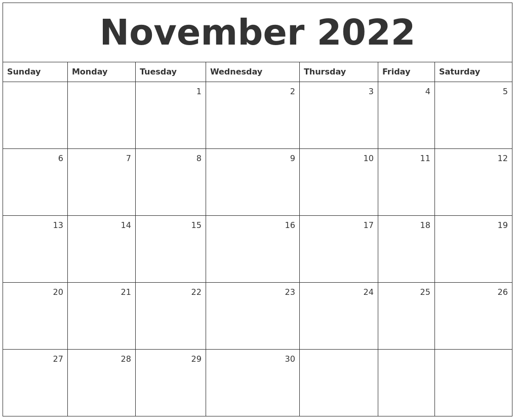 November 2022 Monthly Calendar