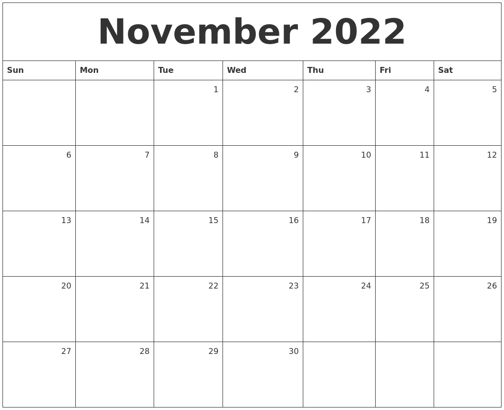 November 2022 Monthly Calendar