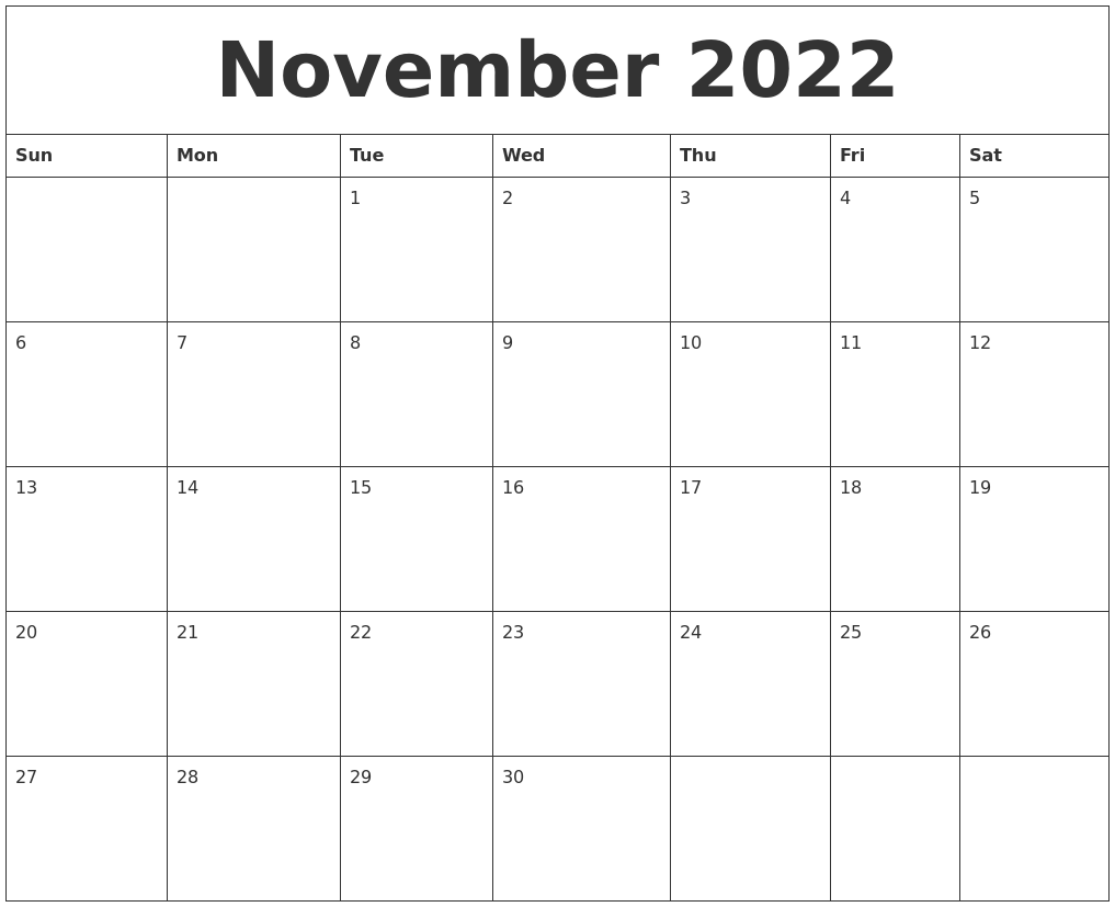 November 2022 Monthly Printable Calendar