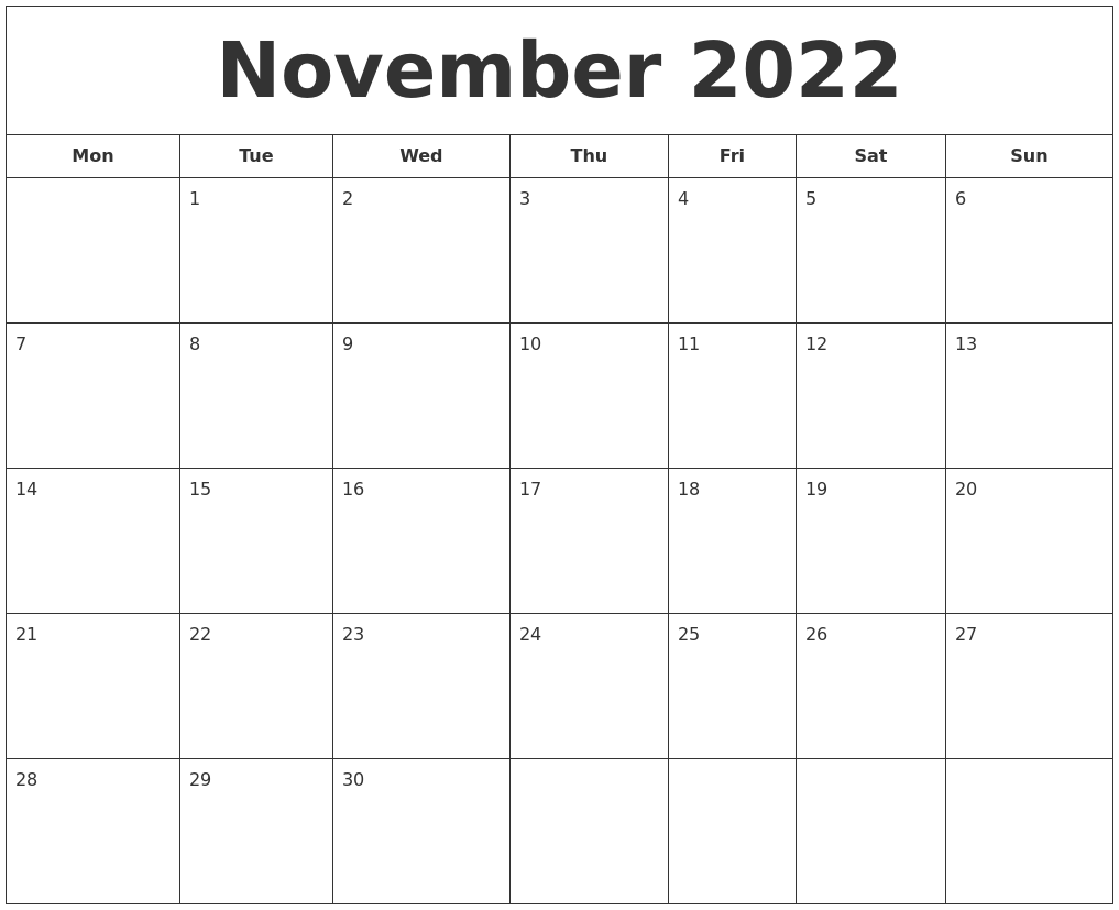 November 2022 Printable Calendar