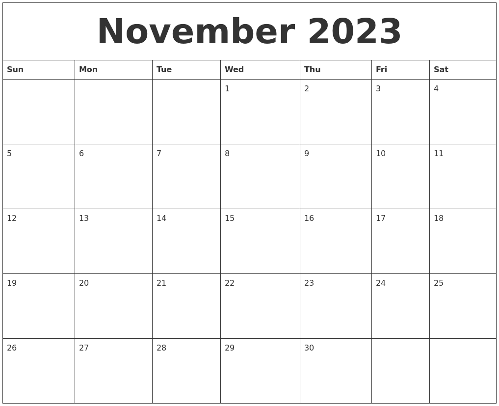 November 2023 Blank Monthly Calendar Template