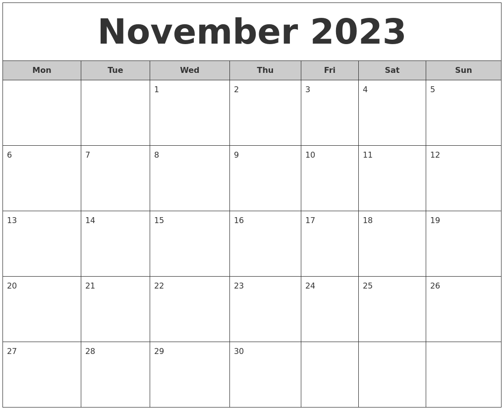 November 2023 Free Monthly Calendar