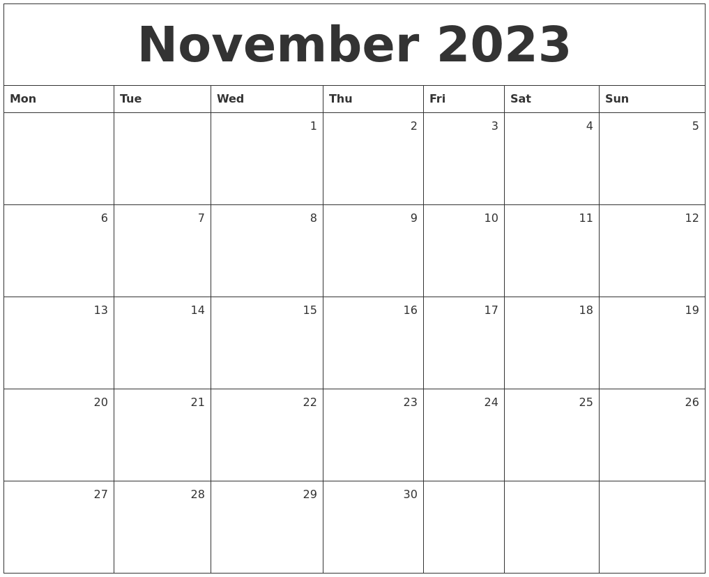 November 2023 Monthly Calendar