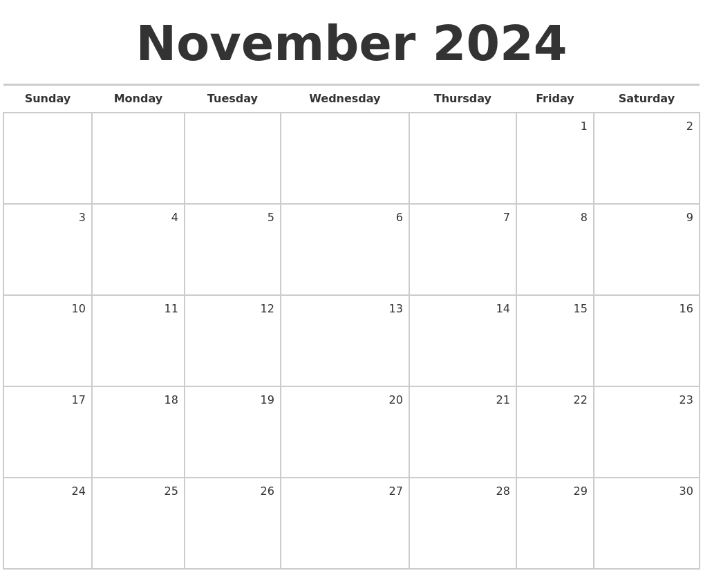 November 2024 Blank Monthly Calendar