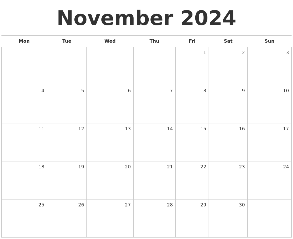 November 2024 Blank Monthly Calendar