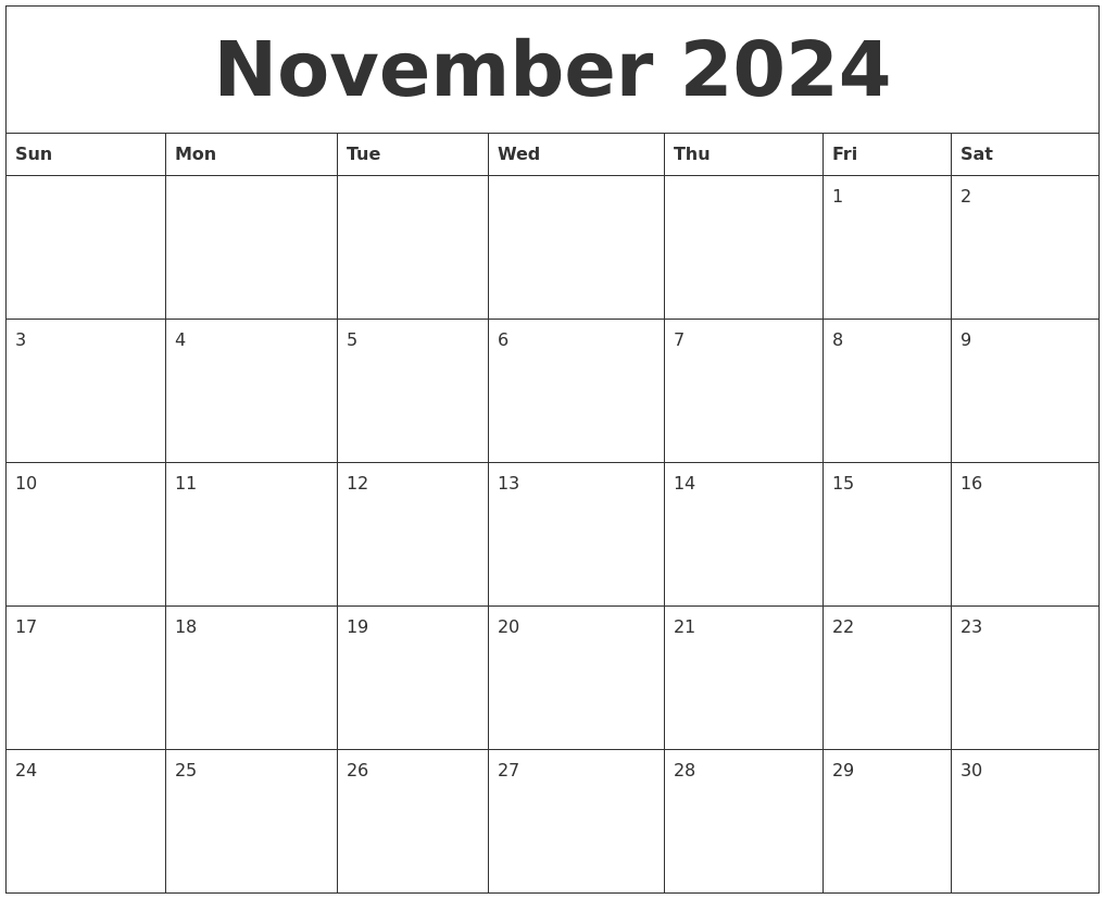 November 2024 Blank Monthly Calendar Template