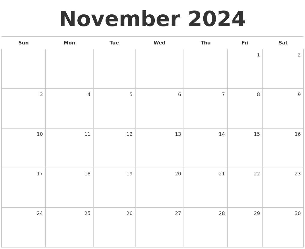 November 2024 Blank Monthly Calendar