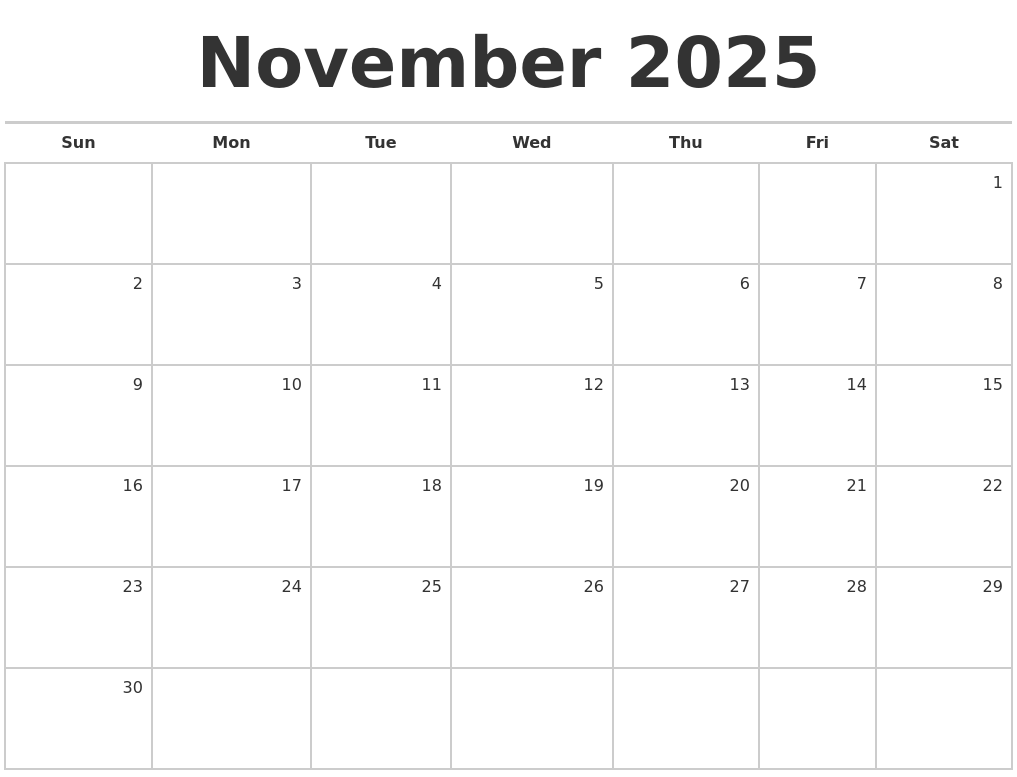 November 2025 Blank Monthly Calendar