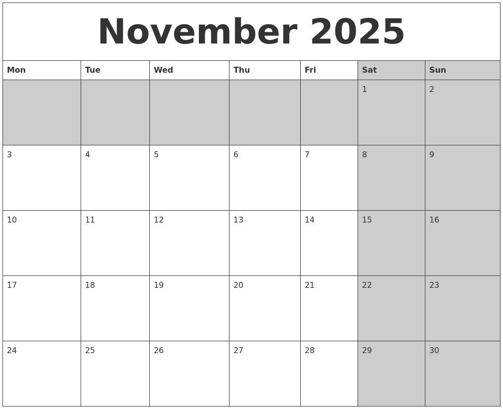 November 2025 Calanders
