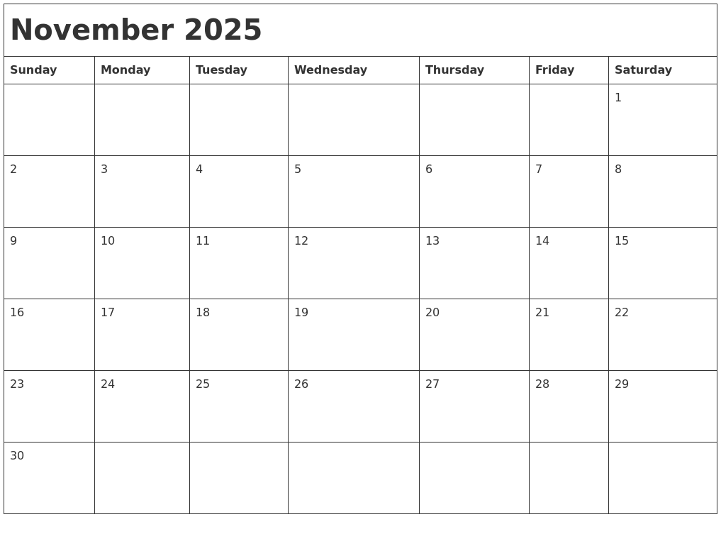November 2025 Month Calendar
