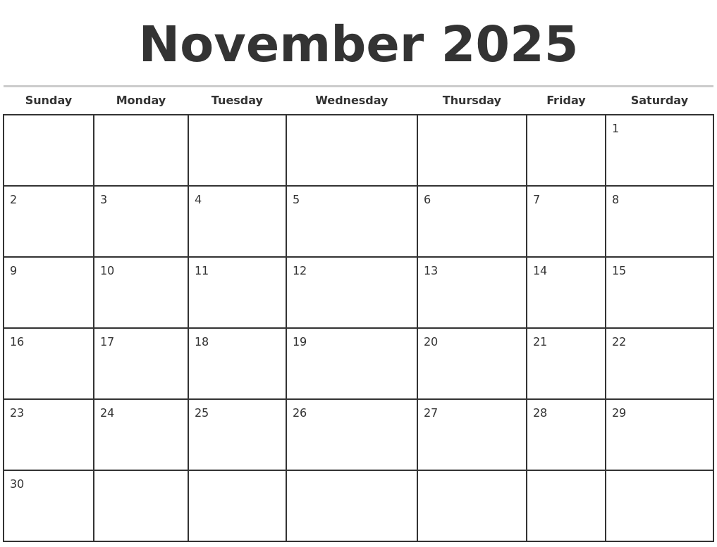 November 2025 Monthly Calendar Template