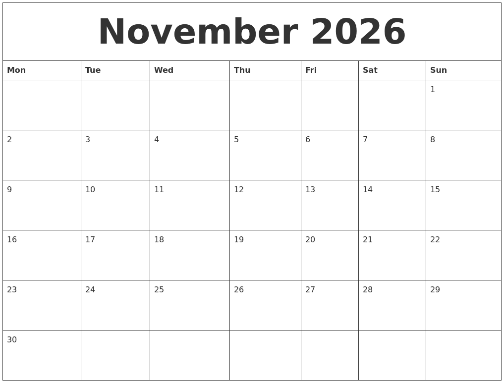 November 2026 Blank Monthly Calendar Template