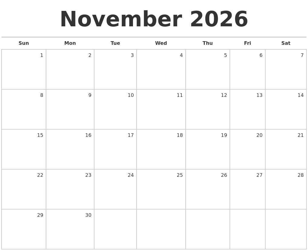 November 2026 Blank Monthly Calendar