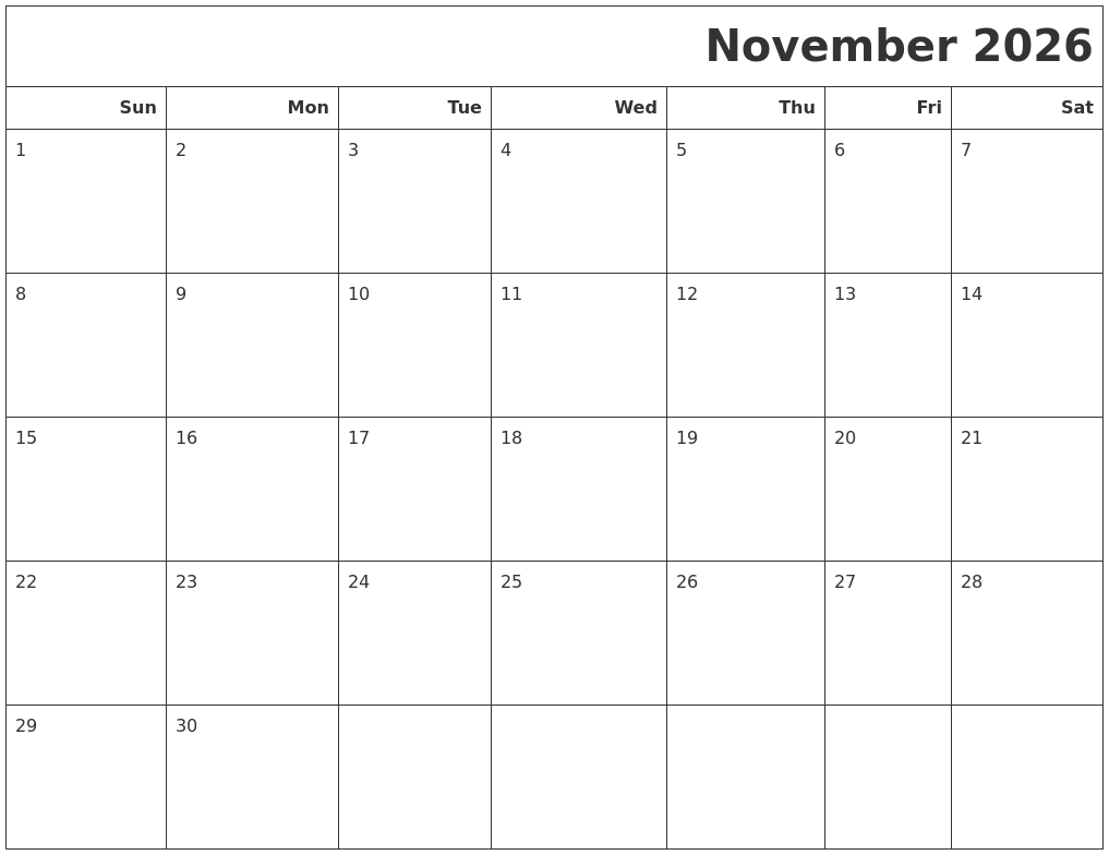 November 2026 Calendars To Print