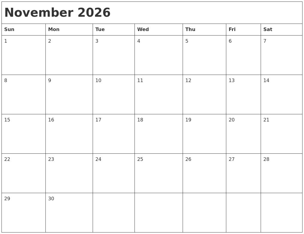 November 2026 Month Calendar