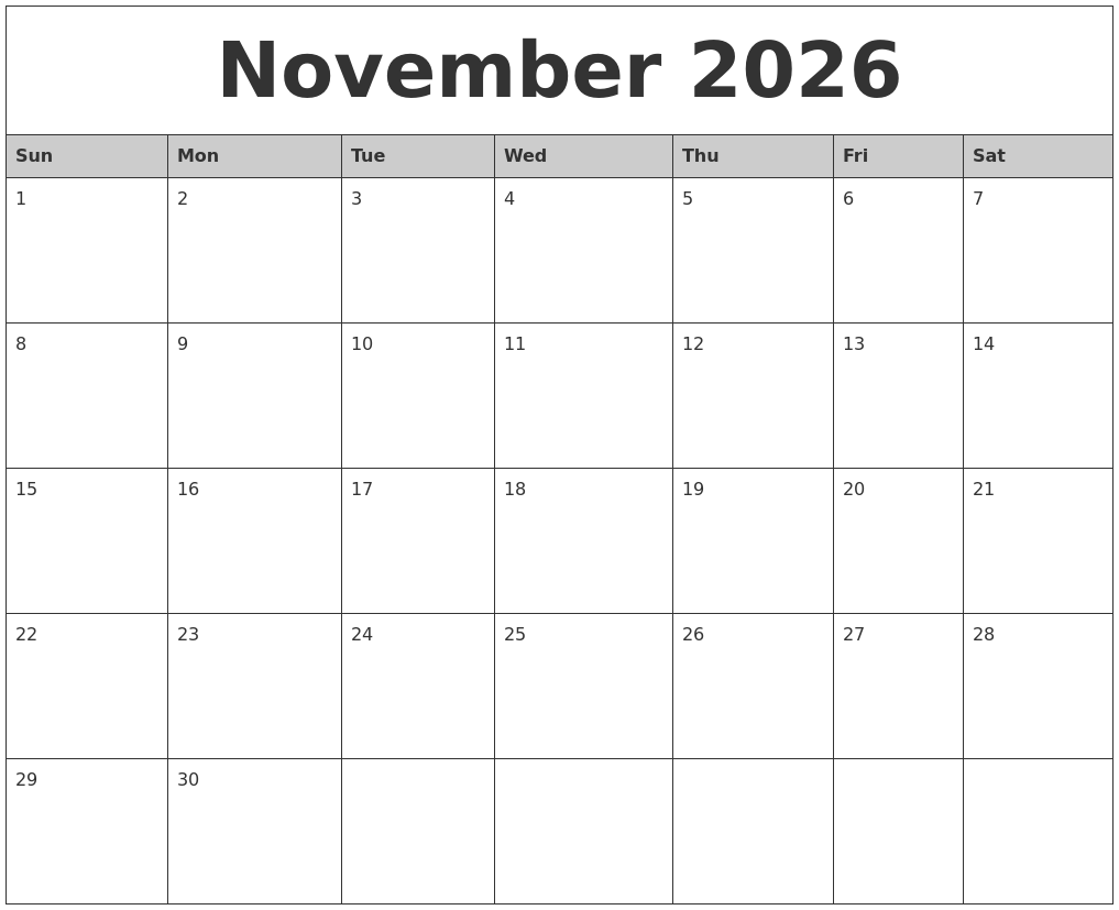 November 2026 Monthly Calendar Printable