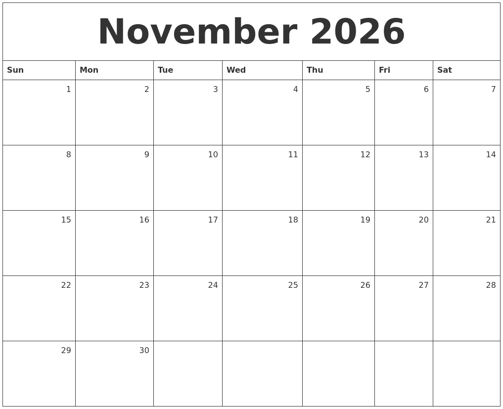 November 2026 Monthly Calendar