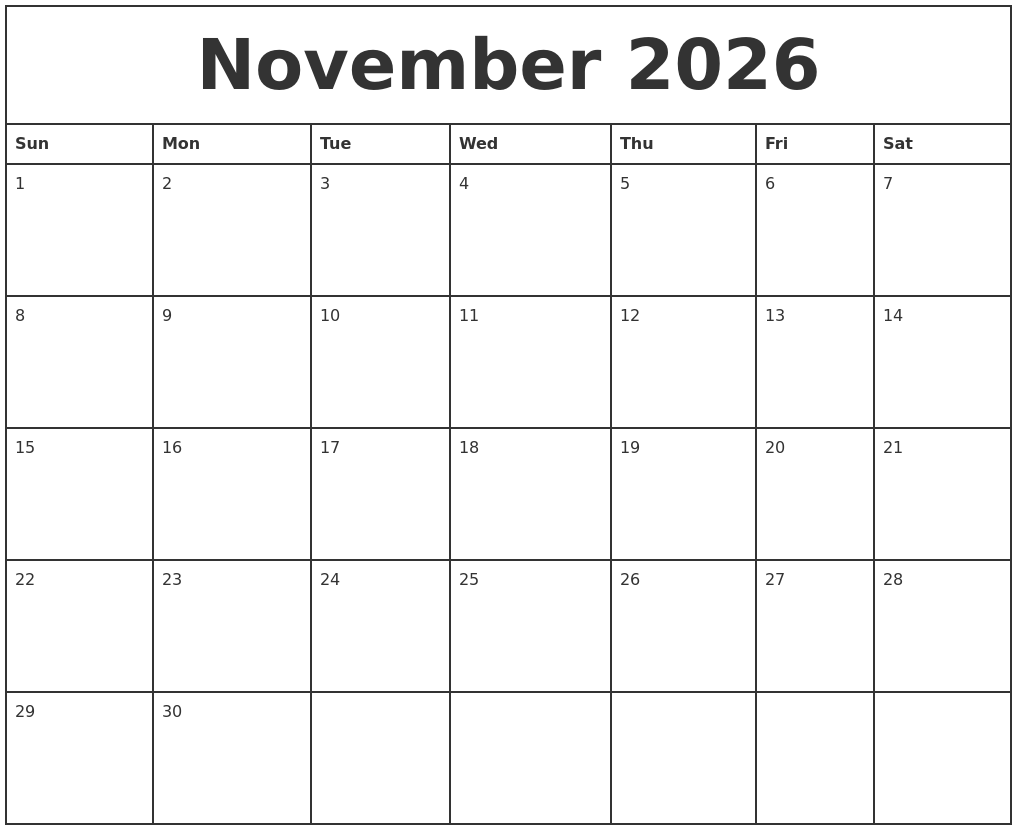 november 2026 printable monthly calendar