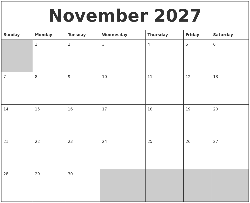 November 2027 Blank Printable Calendar