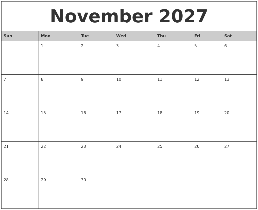 November 2027 Monthly Calendar Printable