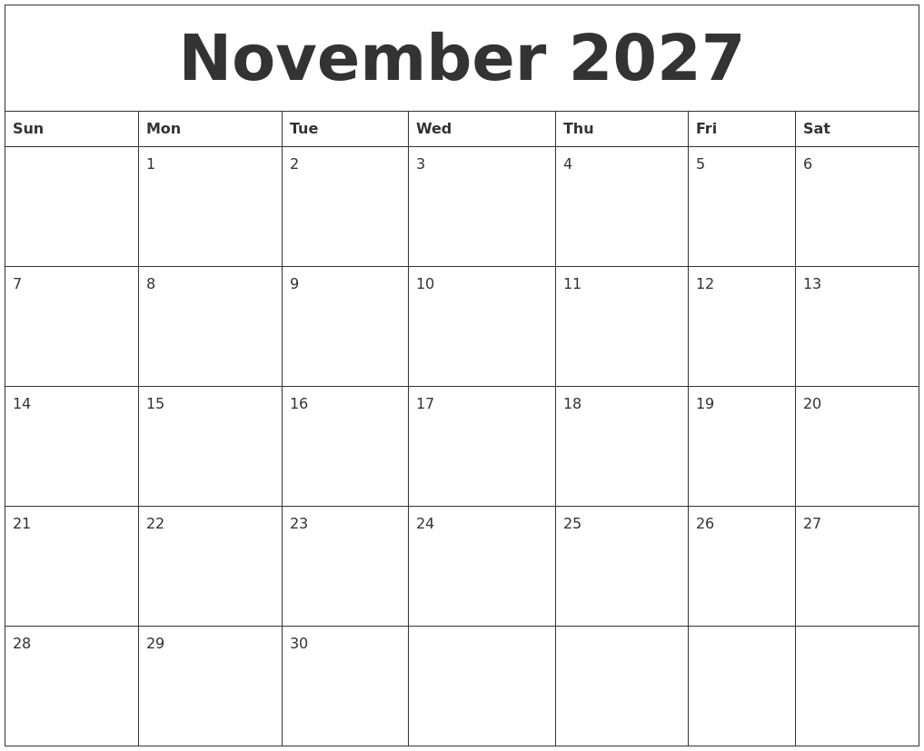 November 2027 Printable Calendar Pdf