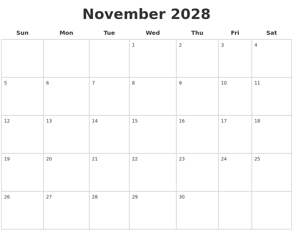 November 2028 Blank Calendar Pages
