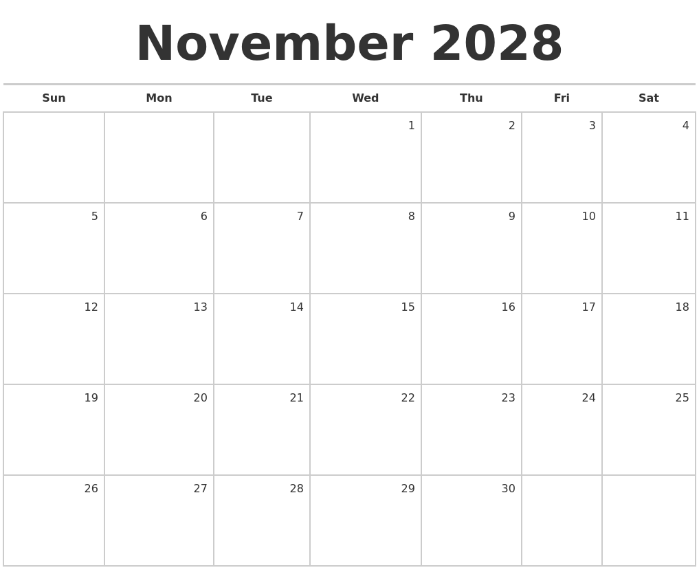 November 2028 Blank Monthly Calendar