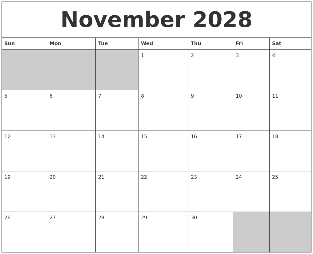 November 2028 Blank Printable Calendar
