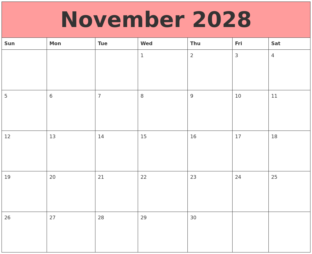 November 2028 Calendars That Work