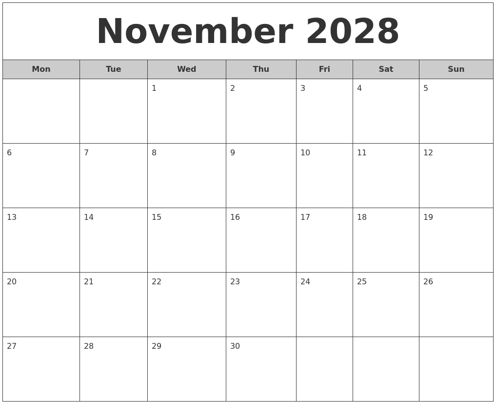 november 2028 free monthly calendar monday start