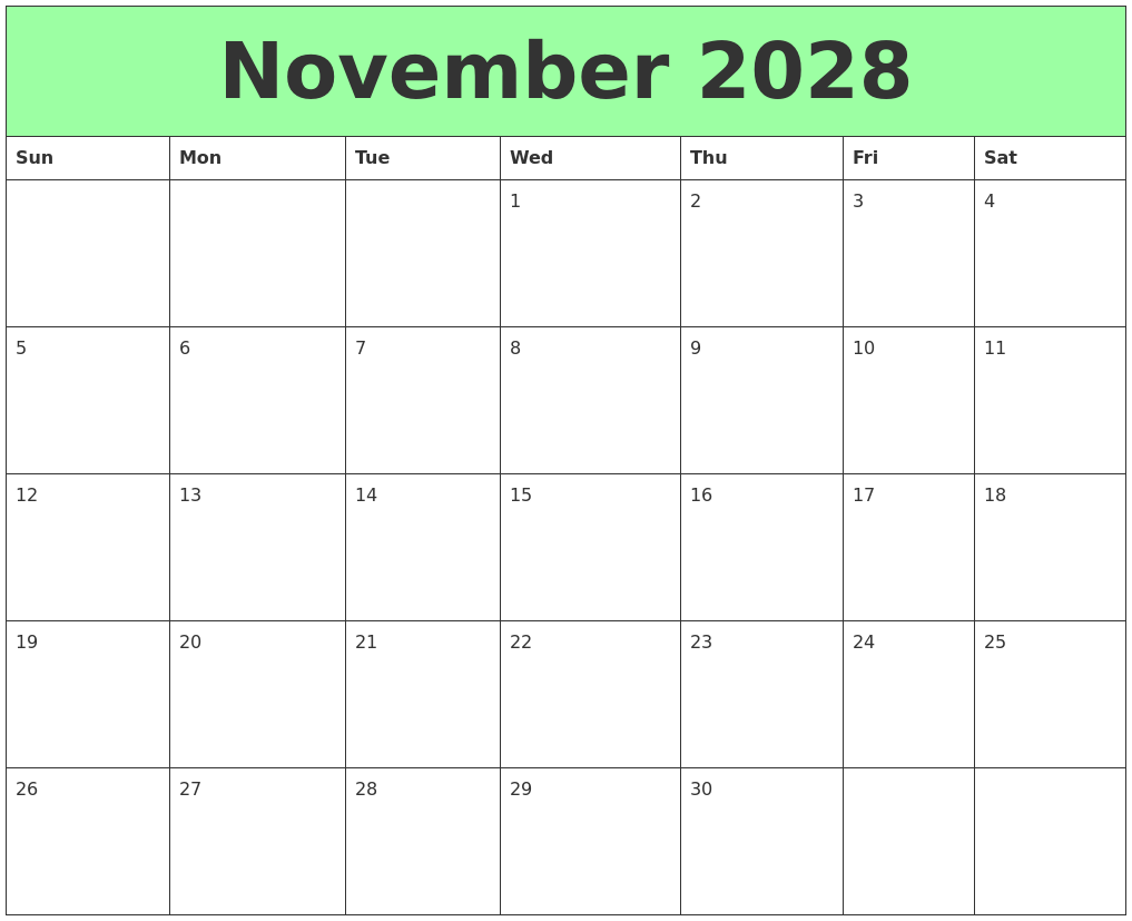 November 2028 Printable Calendars