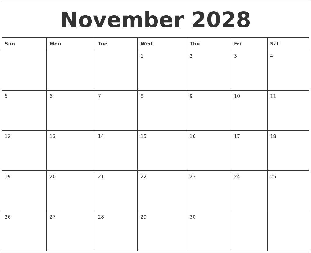 November 2028 Printable Monthly Calendar
