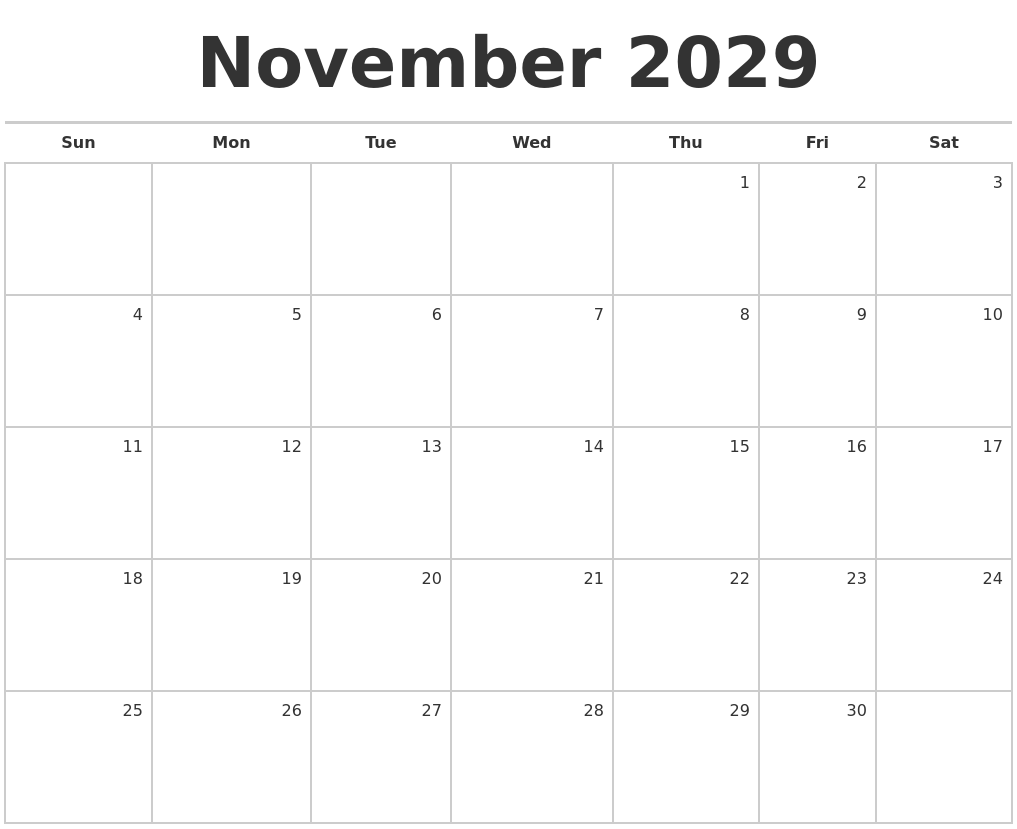 November 2029 Blank Monthly Calendar