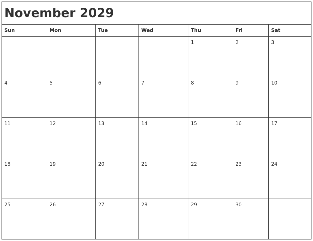 November 2029 Month Calendar
